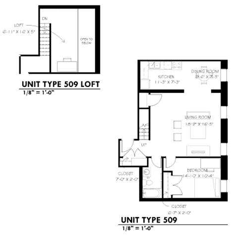 Floor plan for 1 bed, 1 bath, 760 sqft